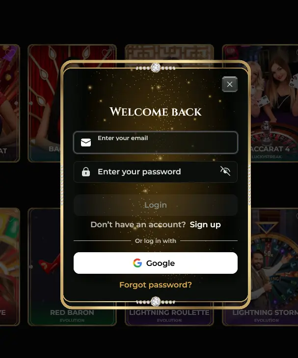 Přihlašovací okno Goldzino Casino s možností vstupu přes Google