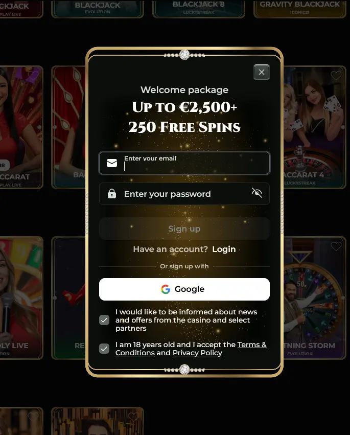 Registrační formulář s uvítacím balíčkem v Goldzino Casino
